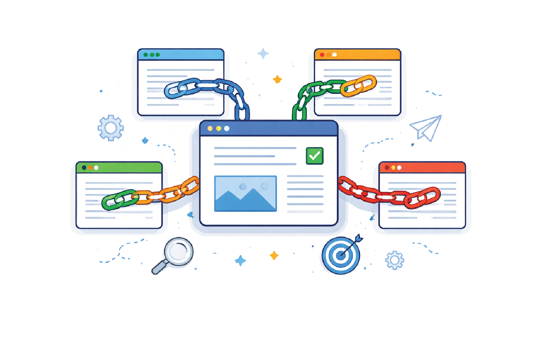 an image representation of link building where serveral pages link to one particular page